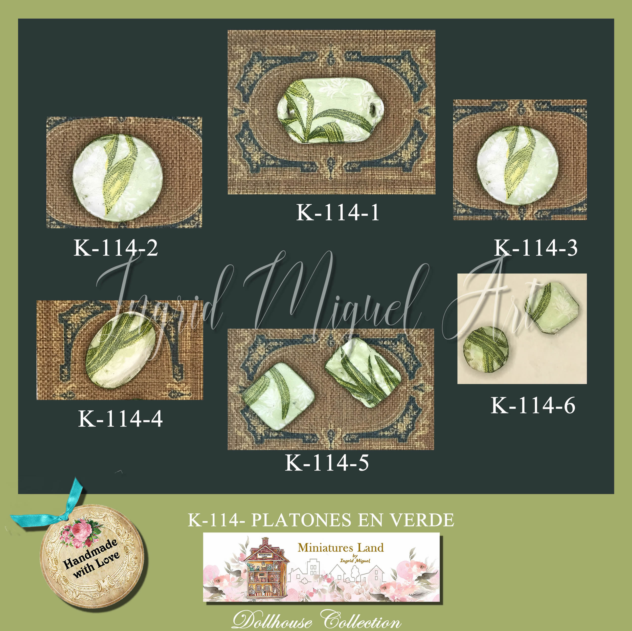 Platones cerámicos para mesa- color verde /Miniaturas/K-114