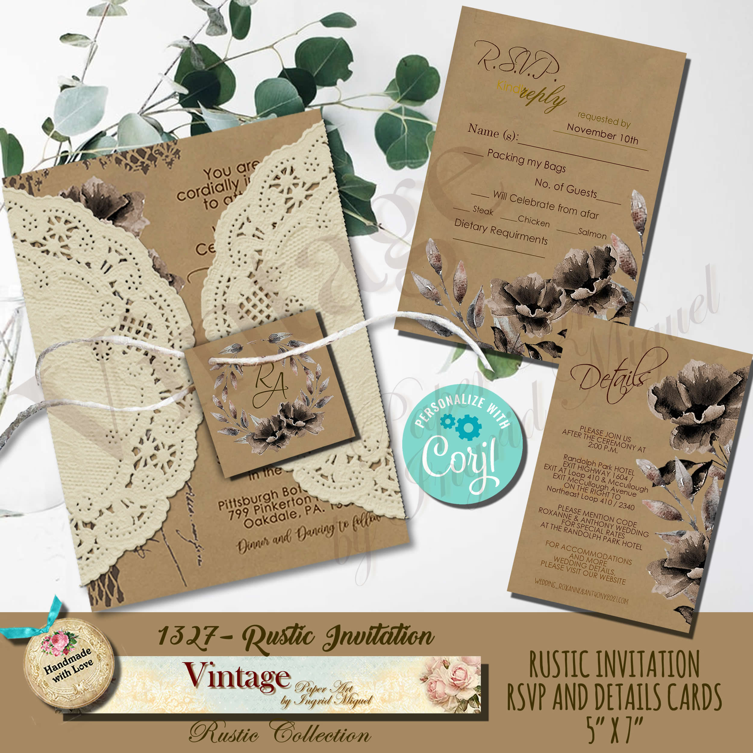 Invitación para Boda, ARCHIVO DIGITAL, Flores Rustica Negro/F-1327-1