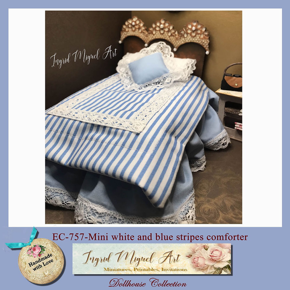 Thumbnail: Edredón en blanco rayado con azul y encaje Escala 1:12 /Miniatura/EC-12-757