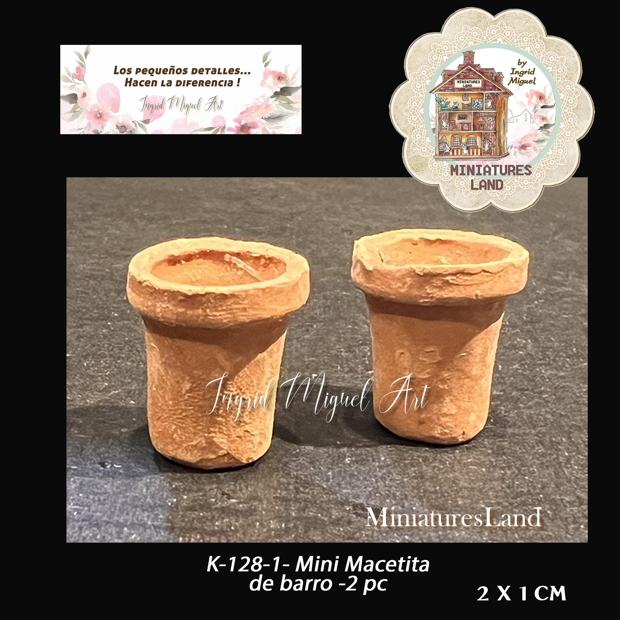 Maceta de barro tradicional color natural 2 piezas / Miniatura / K-128-1