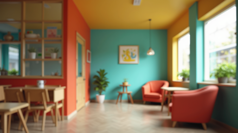 Eye-level view of a modern hostel interior with colorful decor