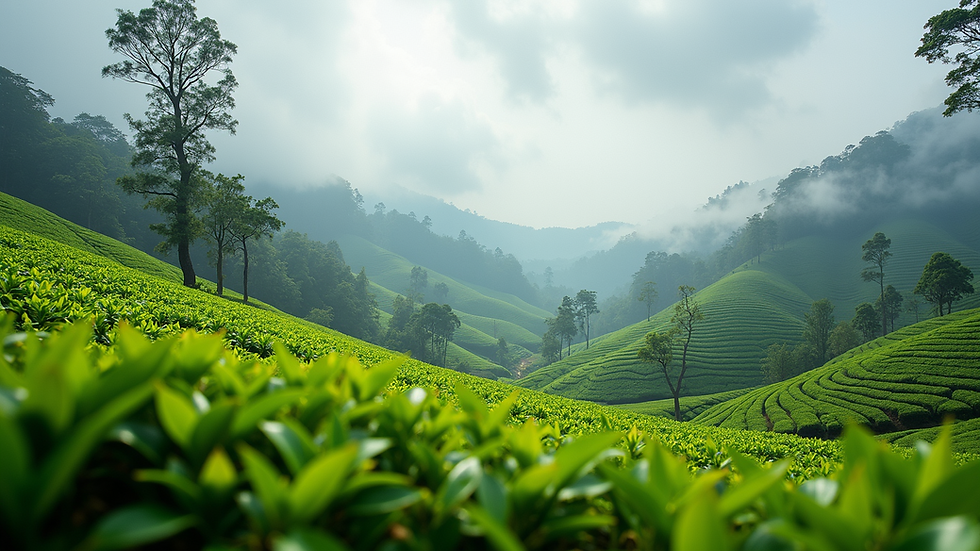 Wide angle view of lush tea gardens in Munnar