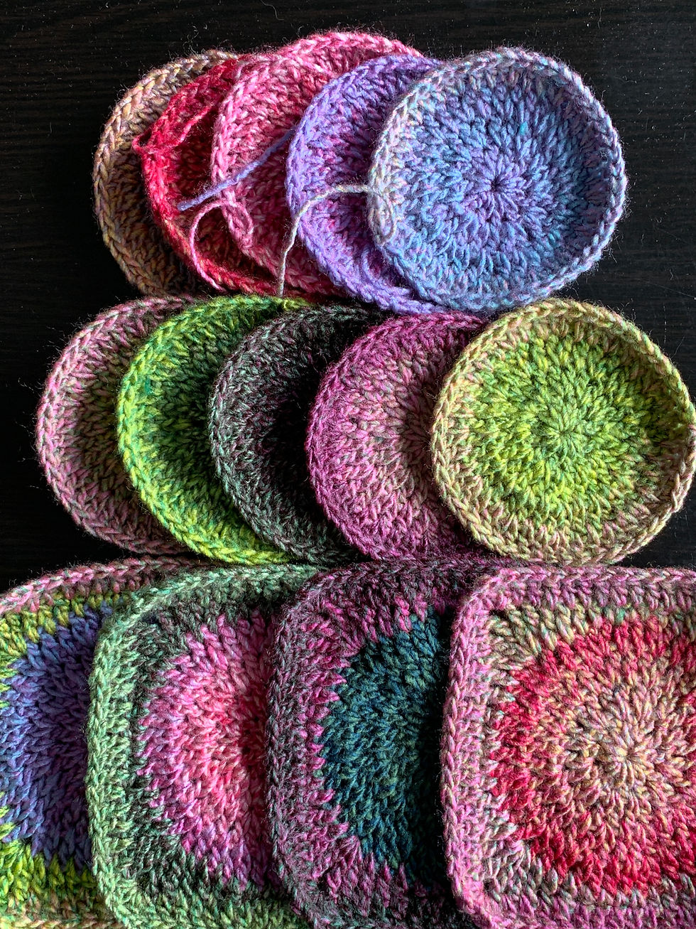 Current Work: Billie Blanket by Kaz Hall of Insomnia Crochet. Yarnsmiths Lagoon; Marovo, Algae, Hazy Day and Lily Pond
