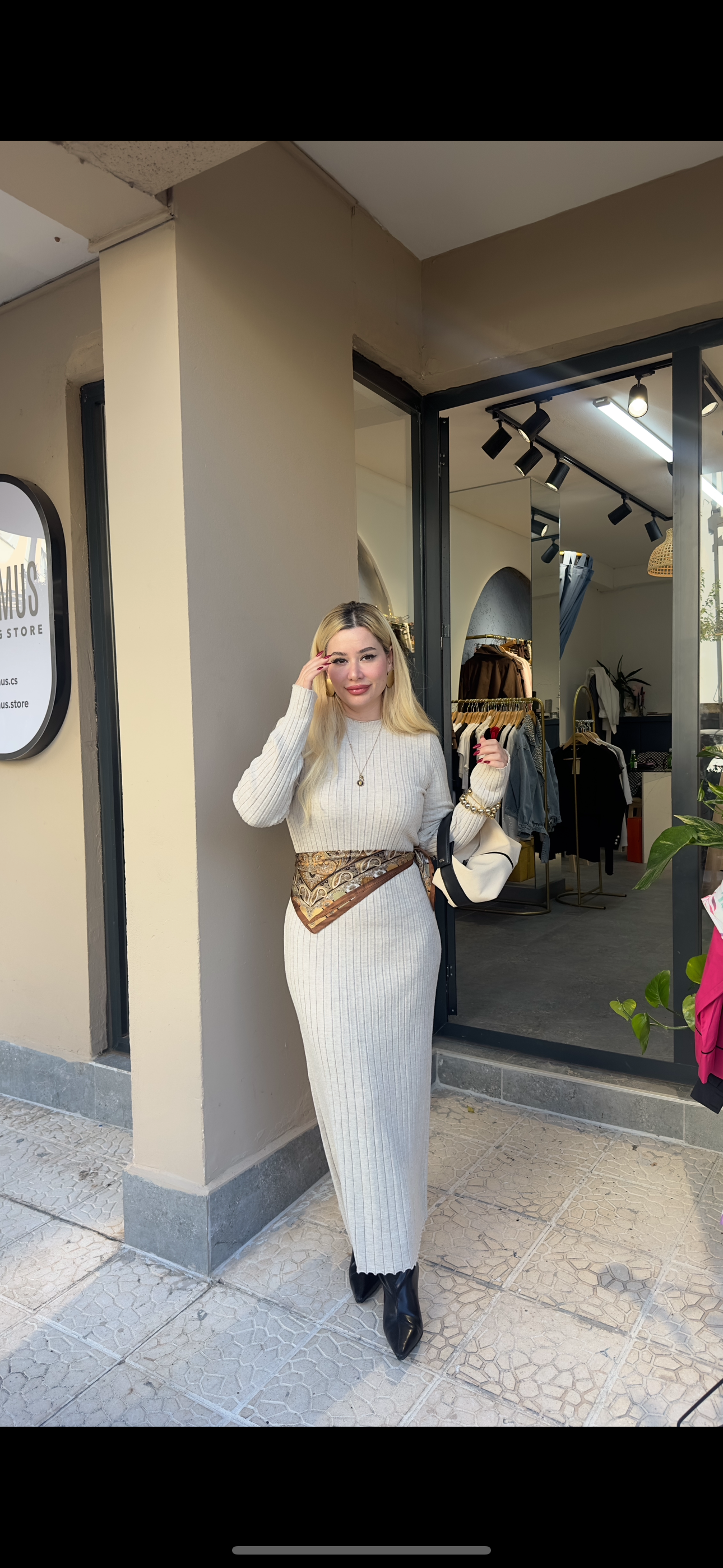 Krem triko maxi uzun elbise 