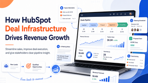 HubSpot deal pipeline dashboard showing qualified opportunities, tasks, meetings, proposals, deal activity, forecasting, and revenue growth reporting.