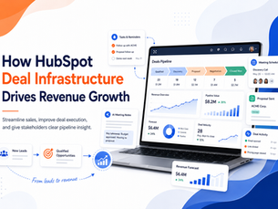 HubSpot deal pipeline dashboard showing qualified opportunities, tasks, meetings, proposals, deal activity, forecasting, and revenue growth reporting.