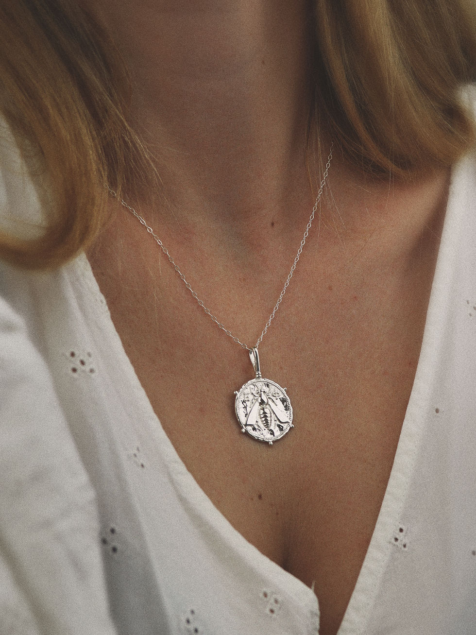 Thumbnail: Handmade Gold & 925 Sterling Silver Greek Boho Bee Coin Necklace & Chain