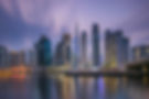 Blue Hour in Dubai. Long exposure in the evening after sunset. View of downtown skyline in