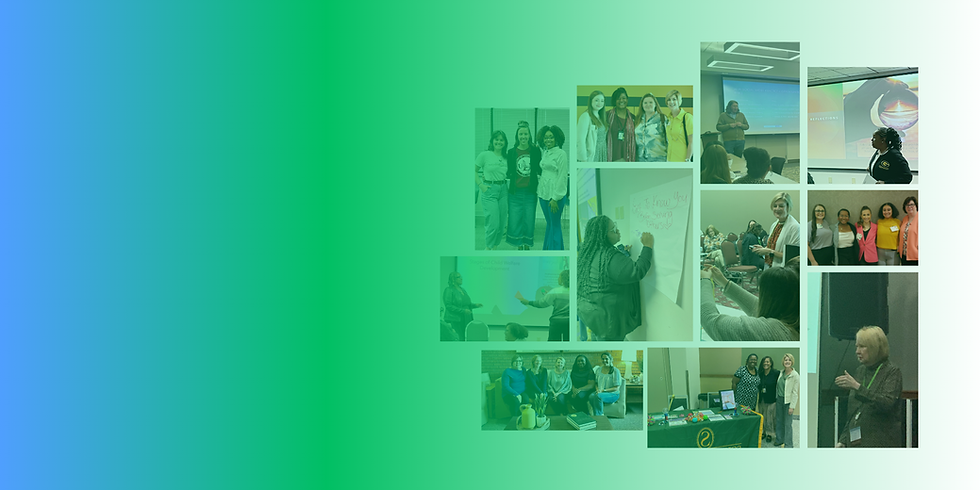Collage of diverse families, community members, and caregivers interacting in supportive, educational, and joyful settings, over a blue-to-green gradient background.