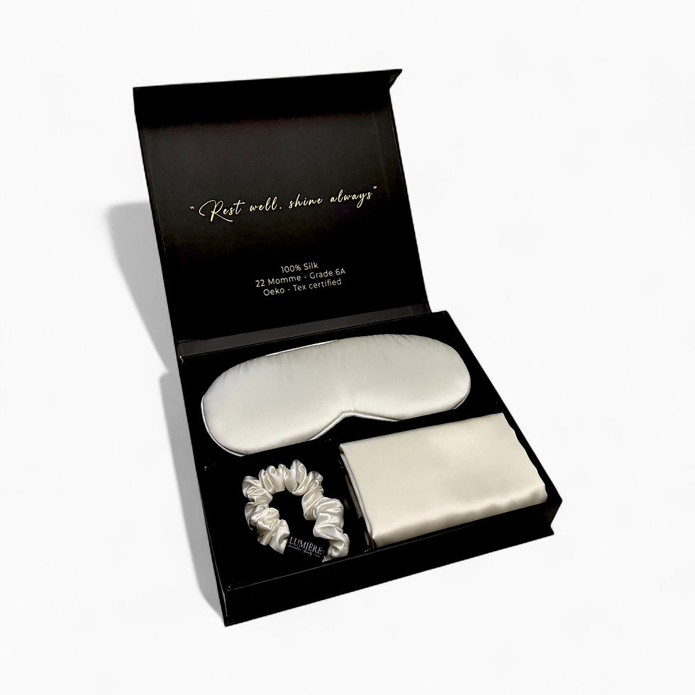Miniatura: Box contenente accessori in seta di gelso 100% con federa da cuscino, mascherina 3D per dark therapy e elastico per capello
