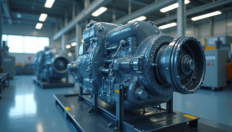 Eye-level view of a virtual 3D model of a heavy industrial engine in a simulation environment