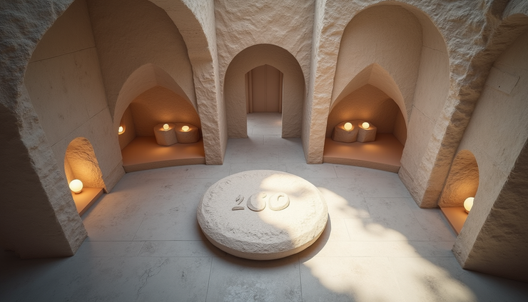 High angle view of the physical experience centre showcasing stone art with VR stations