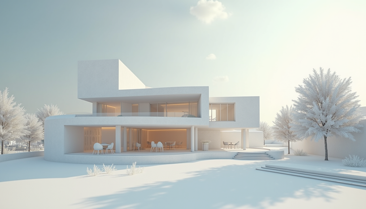 Eye-level view of a detailed 3D architectural model displayed in a virtual reality environment