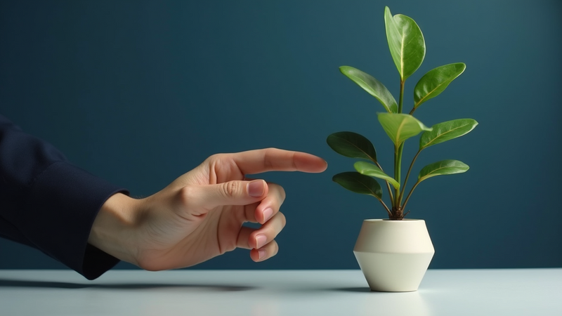 imagem decorativa, uma mão tocando na muda de uma planta. 