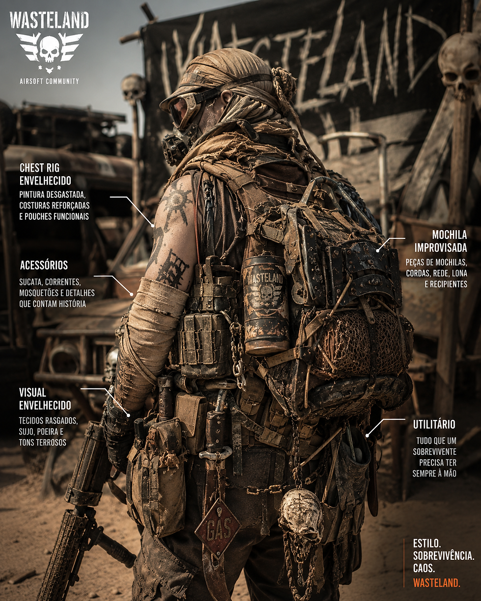 Vista de um loadout Mad Max com chest rig envelhecido e mochila improvisada