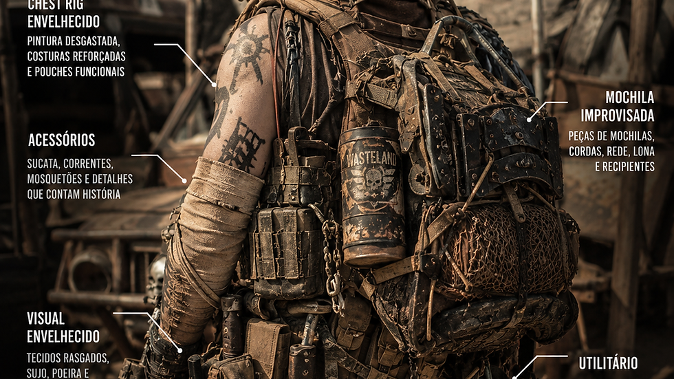 Vista de um loadout Mad Max com chest rig envelhecido e mochila improvisada