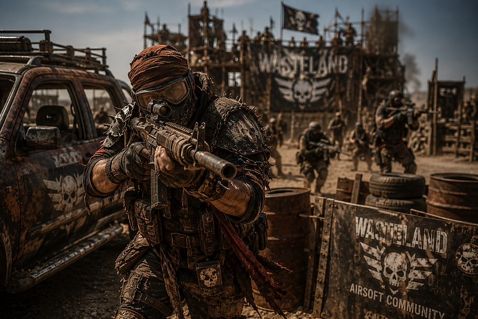 Eye-level view of a post-apocalyptic themed airsoft player in action