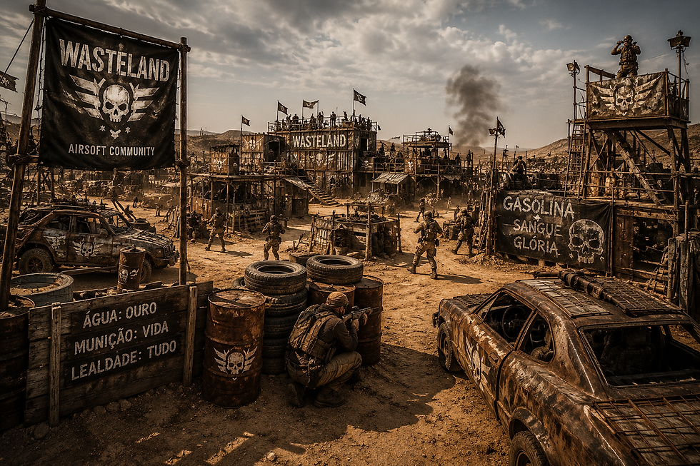 Wide angle view of a post-apocalyptic themed airsoft battlefield