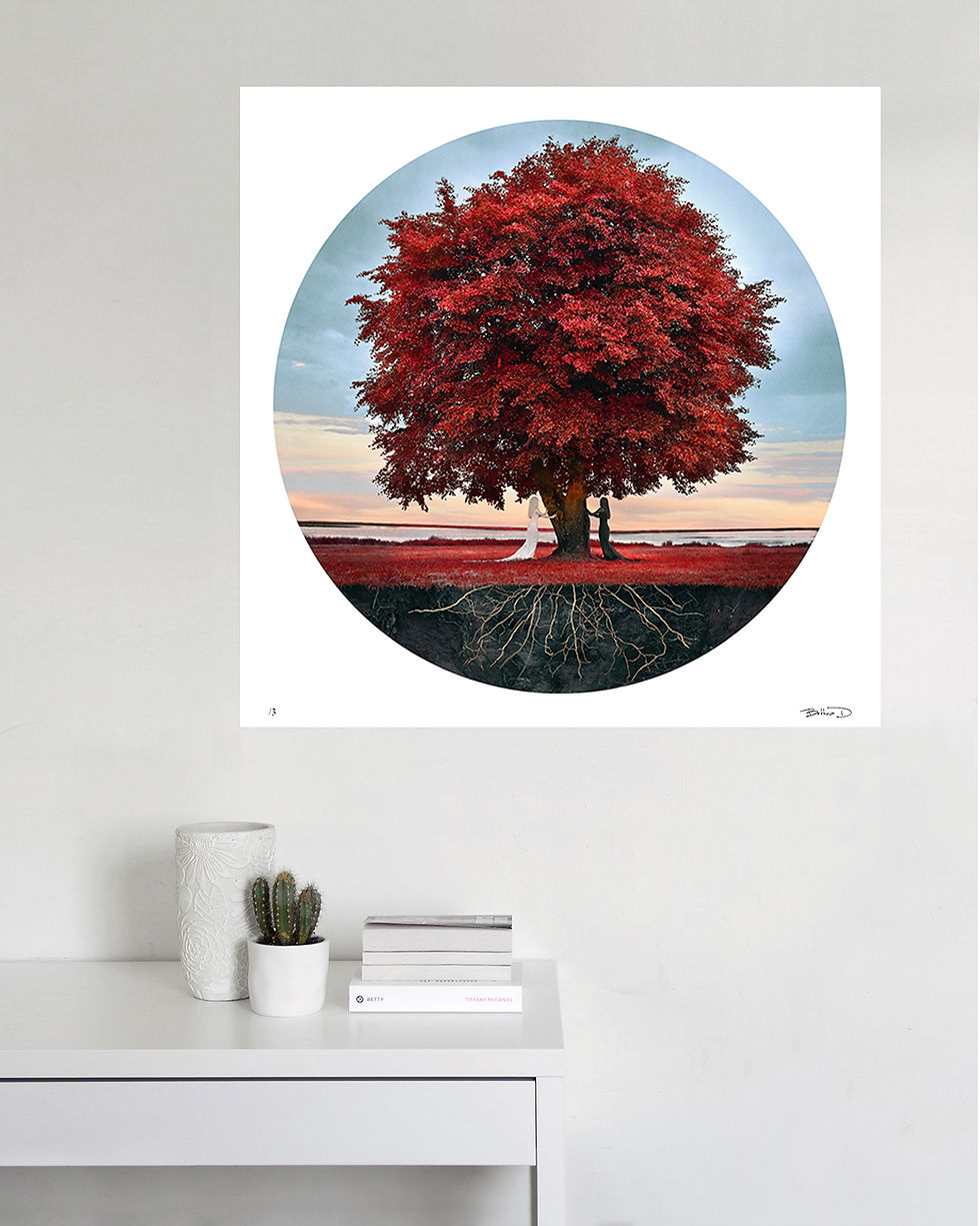 Thumbnail: photographie d'art en édition limitée grand format avec deux femmes sous un arbre de vie rouge