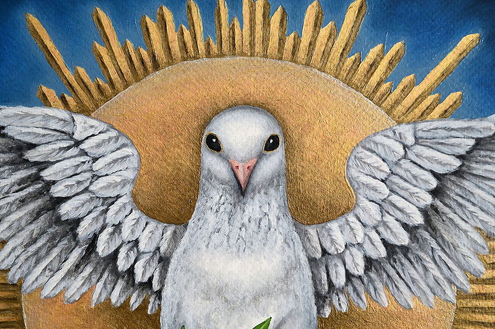 Thumbnail: zoom d'une peinture à l'huile avec une colombe sur fond or