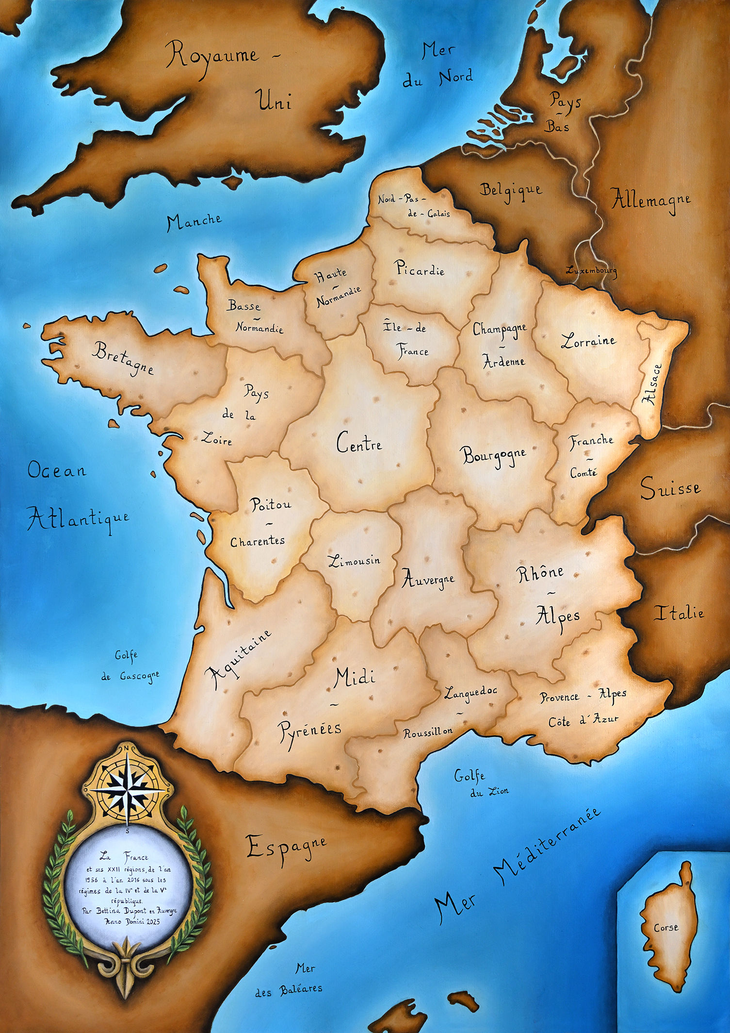 peinture à l'huile originale sur papier de la carte des régions de France