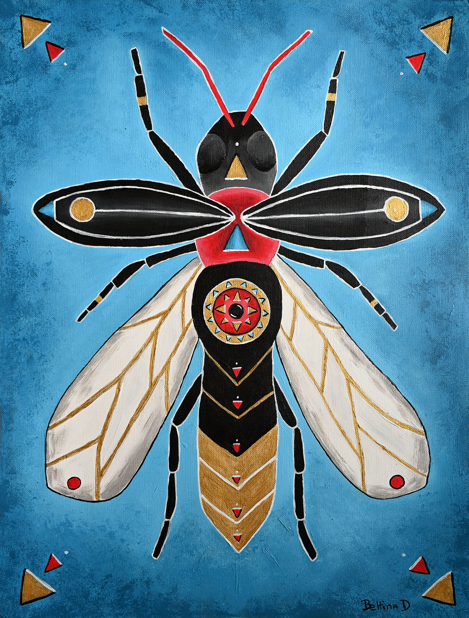 peinture acrylique sur papier d'une luciole sur fond bleu sous forme de totem