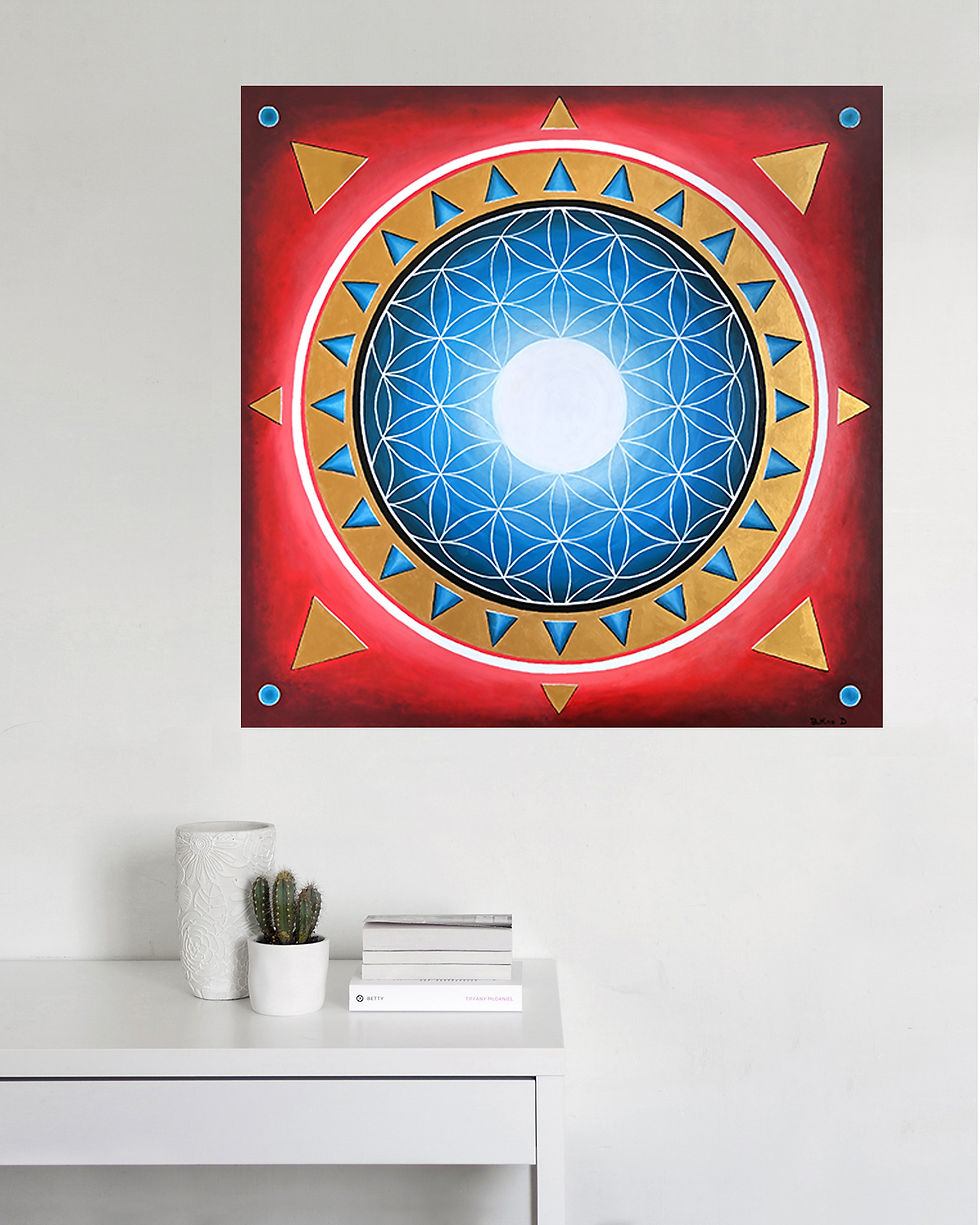 peinture acrylique d'une éclipse format 80x80cm sur dibond 3mm en situation sur mur blanc