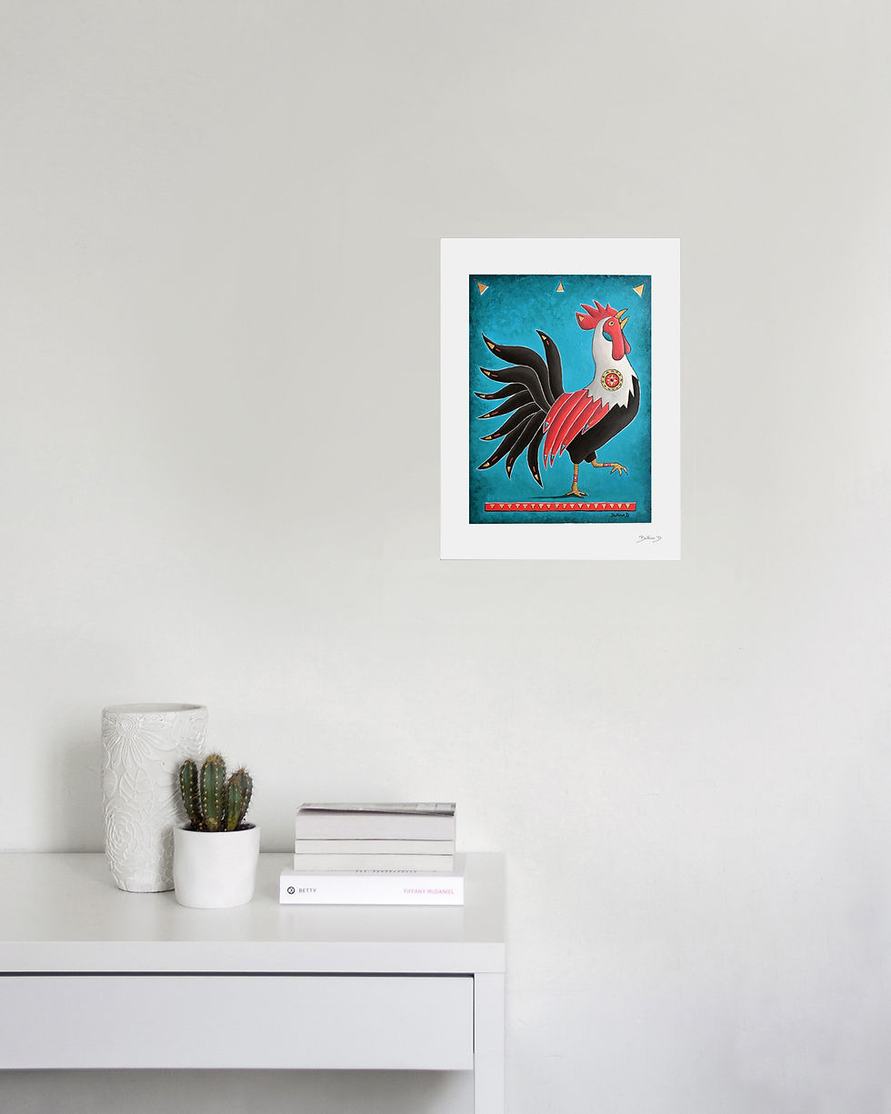 impression 30x40cm sur mur blanc en situation avec coq gaulois sur fond bleu