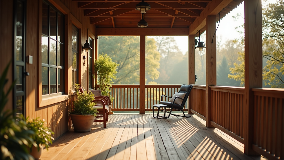 Eye-level view of a cozy screened porch with wooden beams and natural light