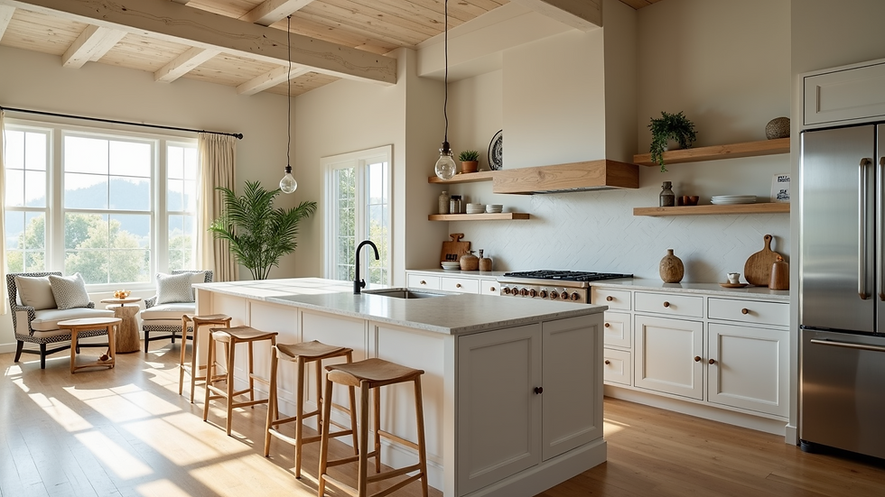 Wide angle view of a modern kitchen with Southern style accents