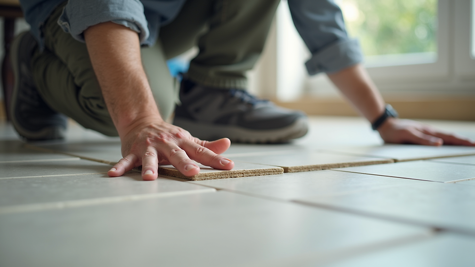 Close-up view of a professional laying ceramic tiles on a floor