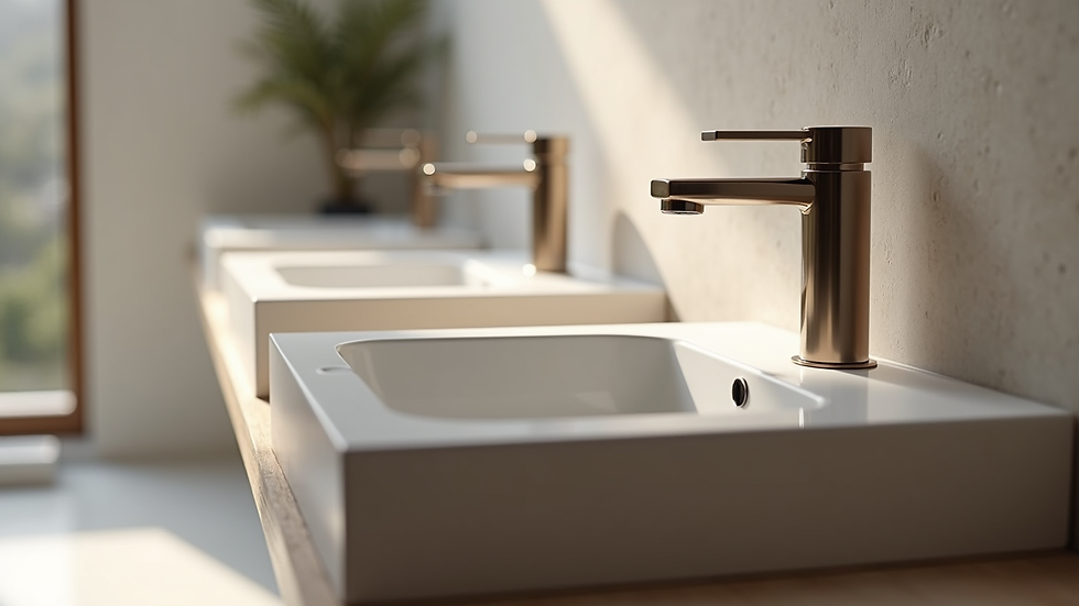 Close-up view of a floating vanity with modern fixtures