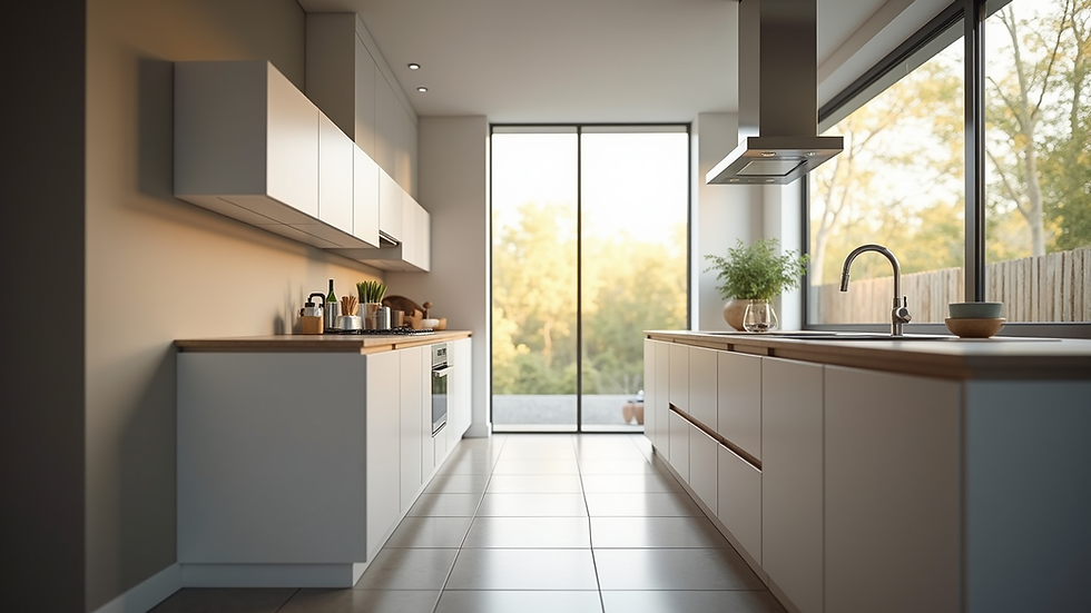 Eye-level view of a modern kitchen with sleek cabinetry and natural light