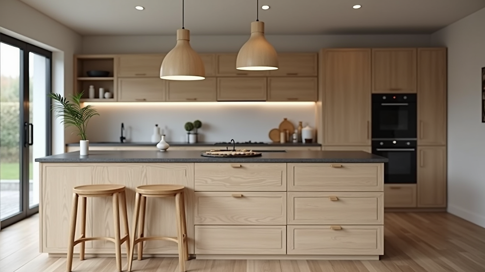 Close-up view of a kitchen island with built-in storage and modern pendant lights