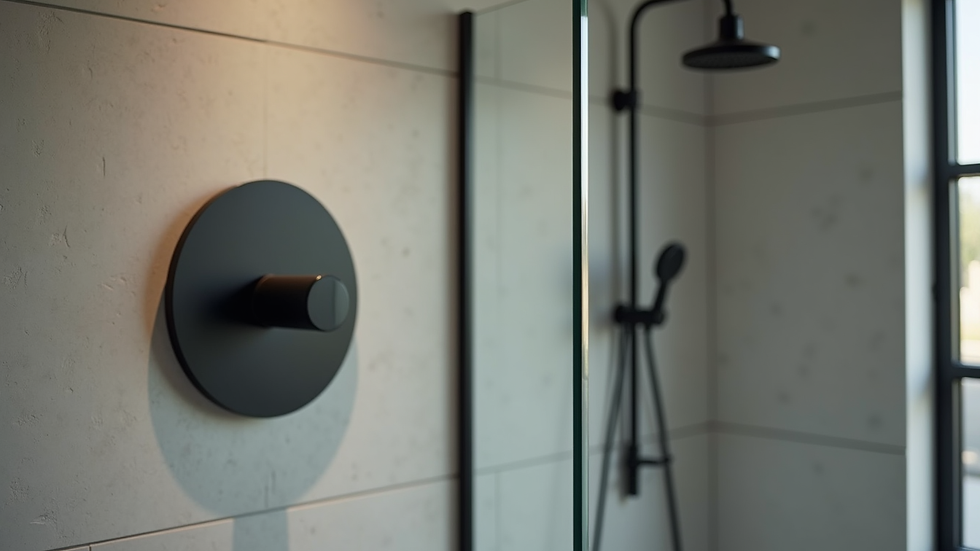 Close-up view of a walk-in shower with frameless glass and matte black fixtures
