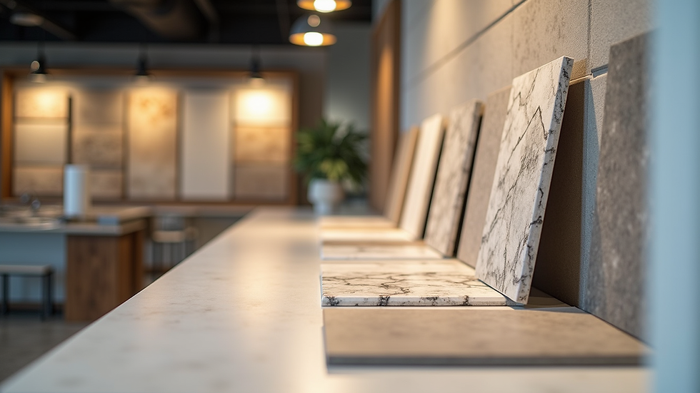 Eye-level view of a showroom display featuring various tile samples