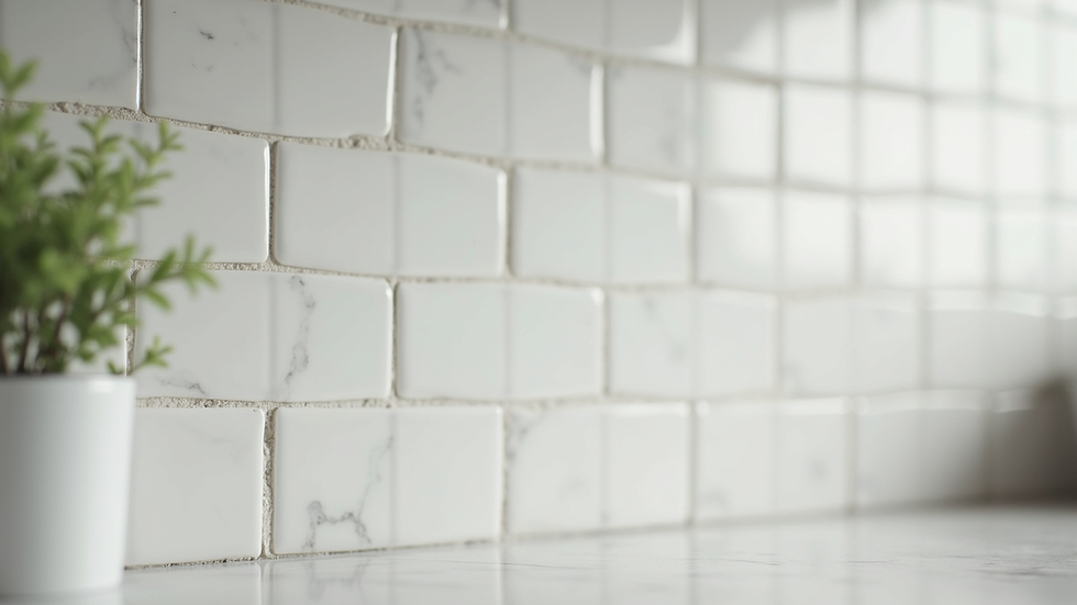 Close-up view of a freshly tiled kitchen backsplash with clean grout lines
