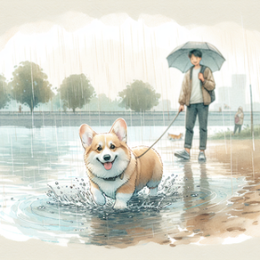 A corgi splashing in the rain with Silicollar on.