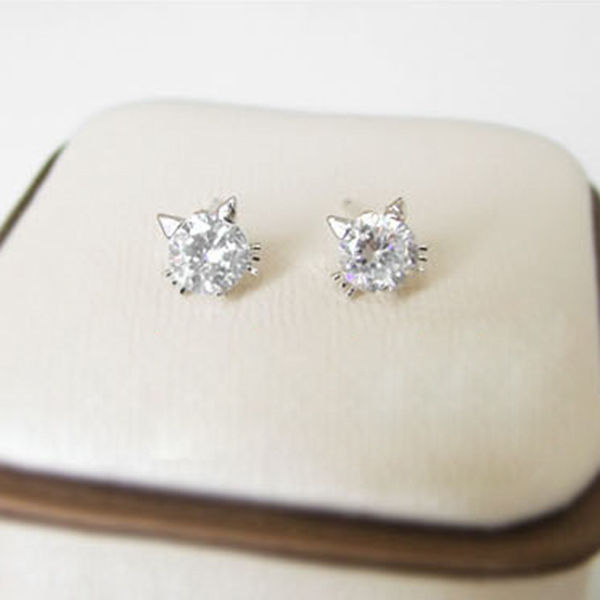 Thumbnail: CZ Silver Cat Face Stud Earrings