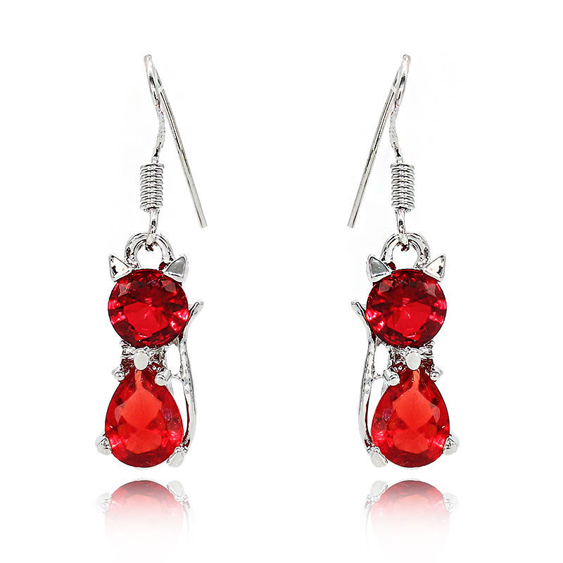 Thumbnail: CZ & Silver Plated Cat Dangle Earrings