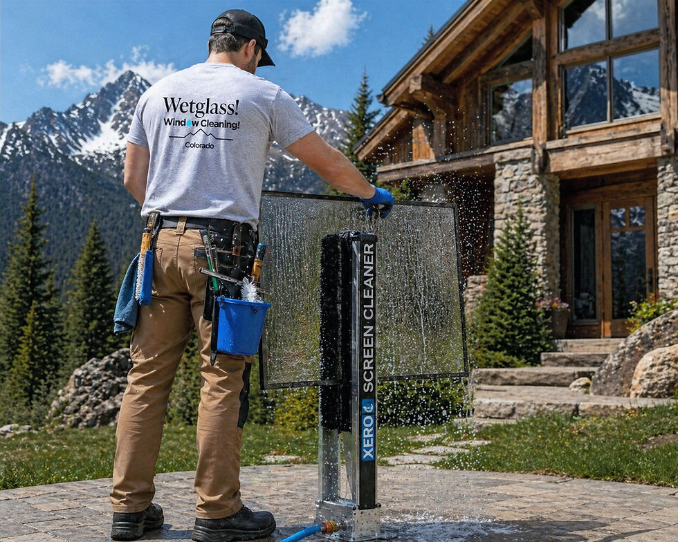 Man in a "Wetglass!" t-shirt cleaning a screen with a XERO cleaner. Mountain chalet and trees in the background. Bright, sunny day.