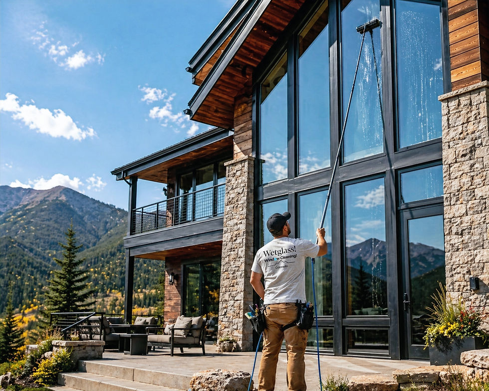 A man cleans tall glass windows of a modern stone house with mountains in the background. Sky is clear, and he wears a "Wetglass!" shirt.