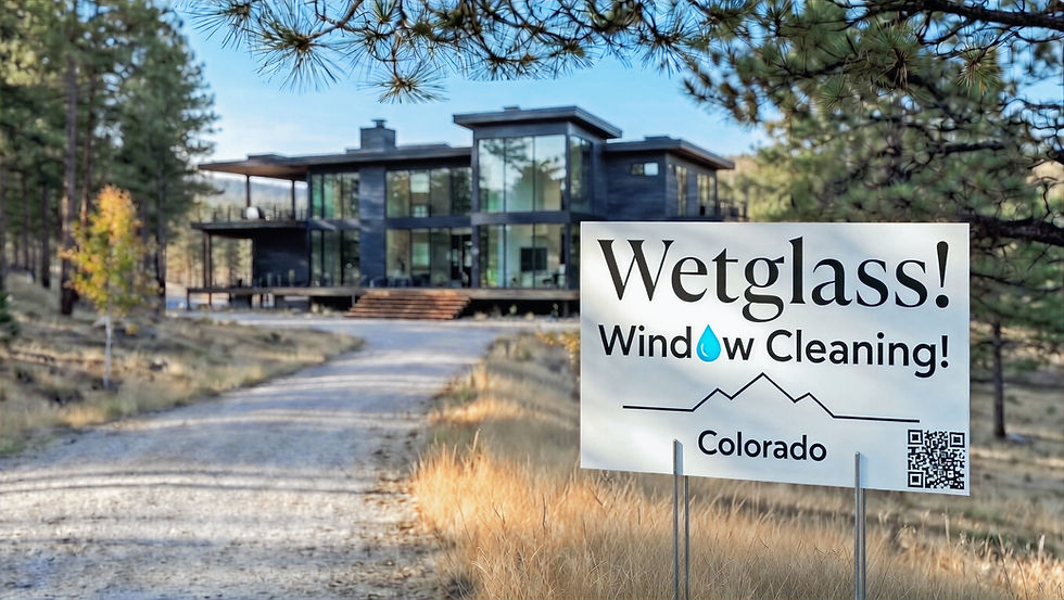 A modern glass house in a forest setting with a sign reading "Wetglass! Window Cleaning! Colorado" in the foreground.