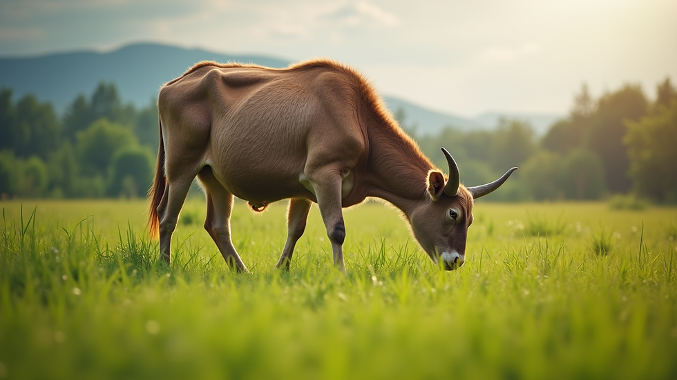Close-up view of a healthy ruminant grazing in a lush green field