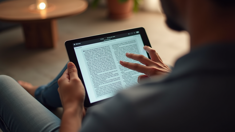 Eye-level view of a person using a digital tablet displaying a Bible app