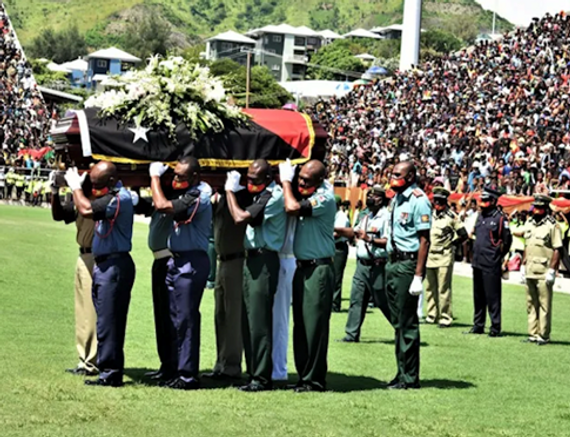 The late Grand Chief Sir Michael Somare's casket arrives at Sir Hubert Murray Stadium 2021