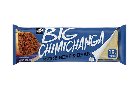 Tina’s Big Spicy Beef & Bean 8 oz refrigerated chimichanga with 18 grams of protein and 7 grams of fiber