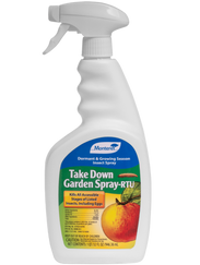 For use indoors on houseplants, outdoors on ornamentals and food producing plants, and in greenhouses
Take-Down Garden Spray-RTU will kill exposed aphids, beetles (colorado potato beetle, flea beetle, japanese beetle, asparagus beetle), caterpillars (gypsy moth caterpillars, tent caterpillar, diamondback moth larvae, leafrollers), ants (except fire ants, harvester ants, carpenter ants, and pharaoh ants), mealybugs, mites, leafhoppers, scale, thrips, fungus gnats, whitefly, adelgids, plant bugs, sawfly larvae, psyllids, spittlebugs, and phylloxera.
For use outdoors: Use on fruit and nut trees (apples, cherries, peaches, pears, nuts); flowering, foliage plants; corn; melons; tomatoes; vegetables (beans, cabbage, cucurbits, peas, potatoes); figs; small fruits (grapes, strawberry, raspberry); citrus; ornamental and shade trees (birch, evergreens, holly, oak).
For use in home greenhouses: Use on flowering, foliage plants; melons; tomatoes; vegetables (beans, cabbage, cucurbits, peas, potatoes); small fruits (grapes, strawberry, raspberry); and houseplants.