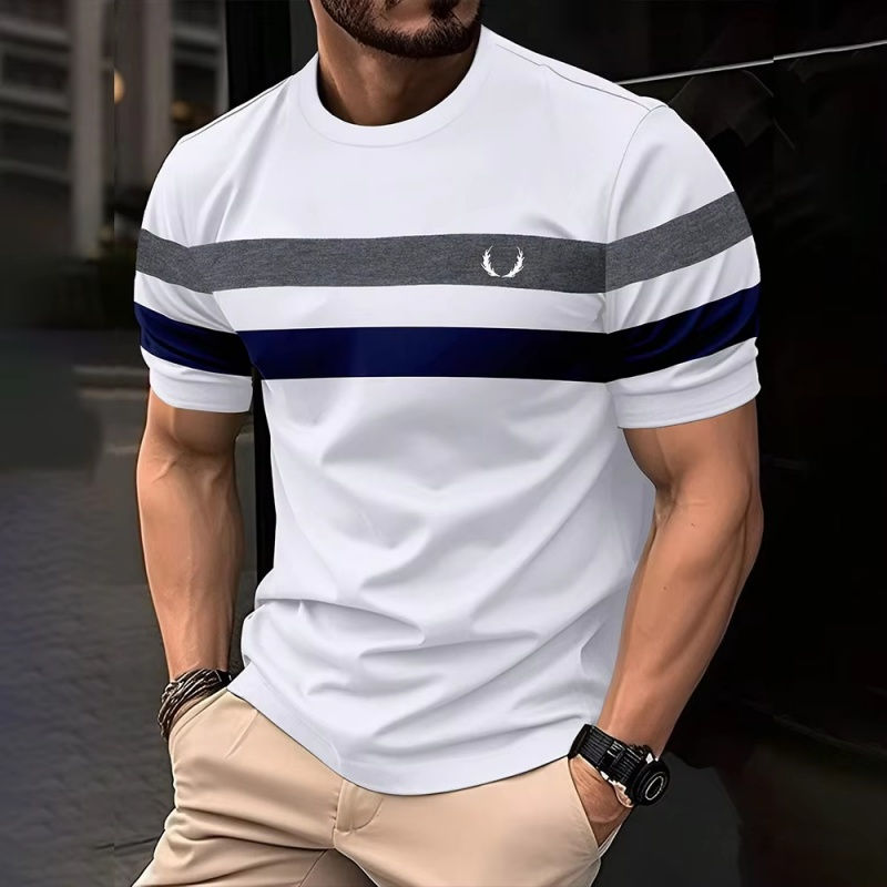 Miniatura: Camiseta masculina estampa 3D, listras coloridas e blocos de cores  manga curta