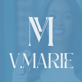 Woman in blue background with white initial logo